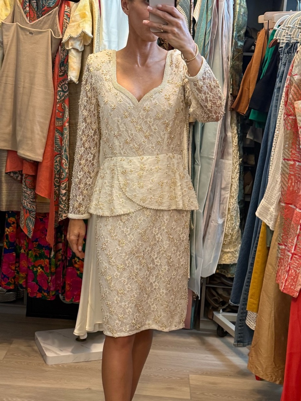 Vintage Scala Beaded Lace Cocktail Dress Ivory Gold Pearl Sequin Peplum 80s 90s